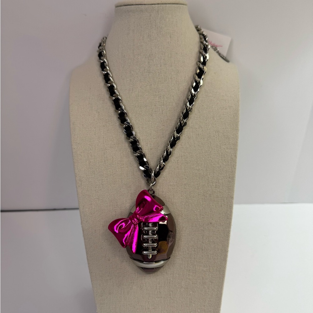 🏈 Betsey Johnson Pink Bow Football Pendant Necklace
